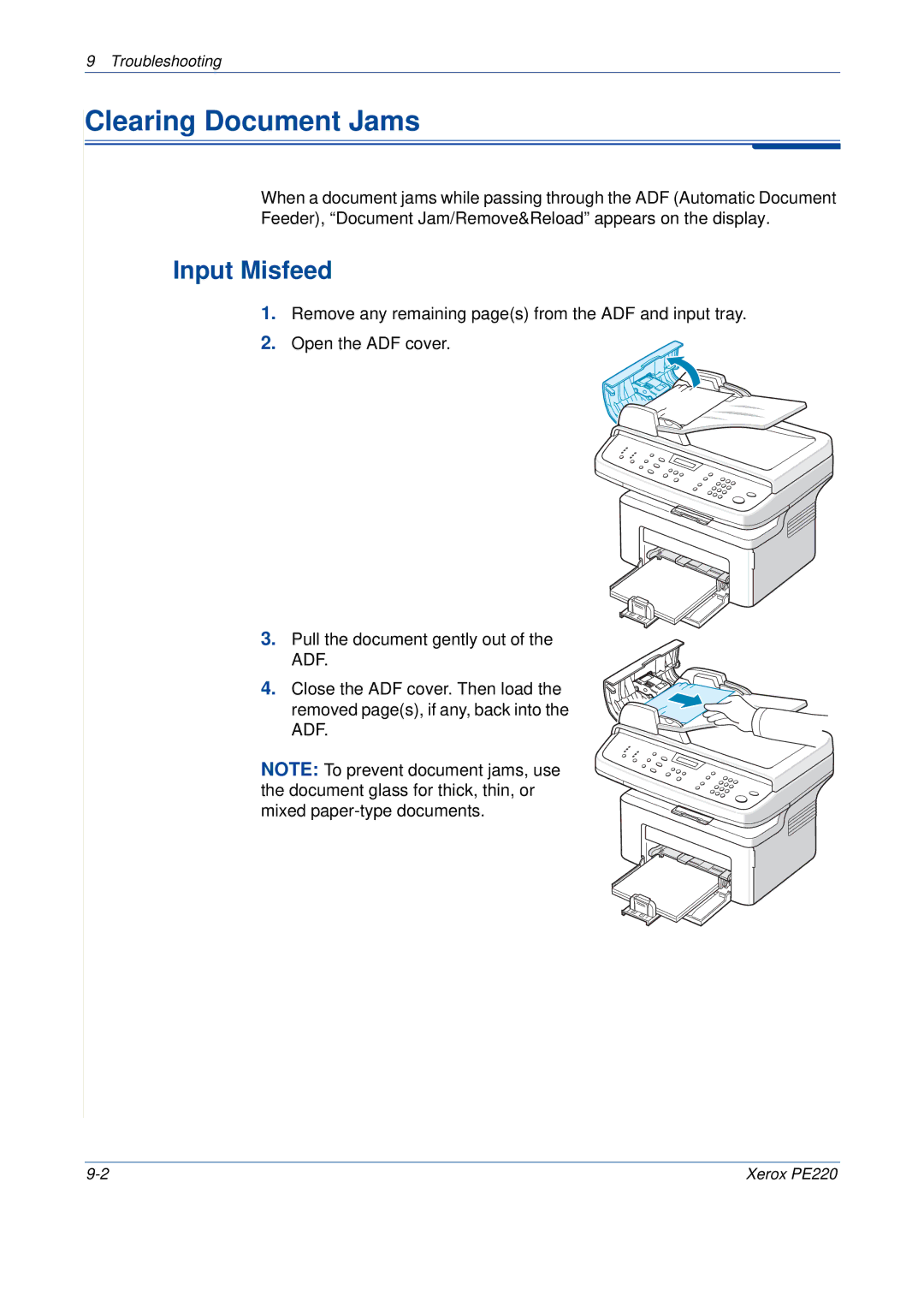 Xerox PE220 manual Clearing Document Jams, Input Misfeed 