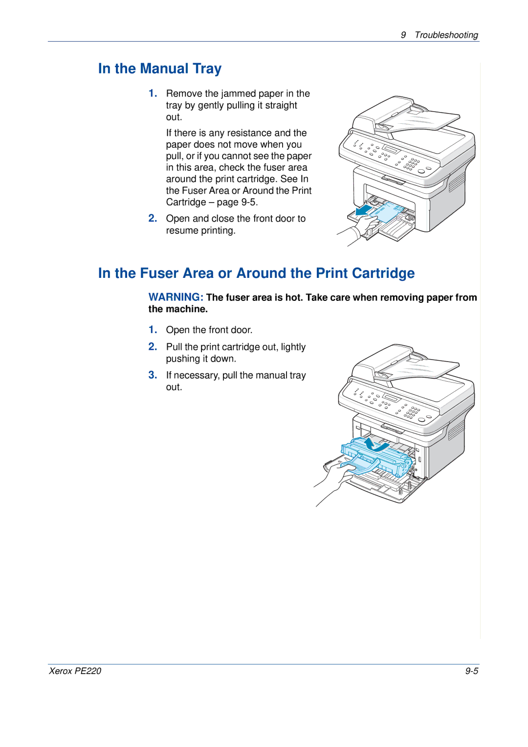 Xerox PE220 manual Manual Tray, Fuser Area or Around the Print Cartridge 