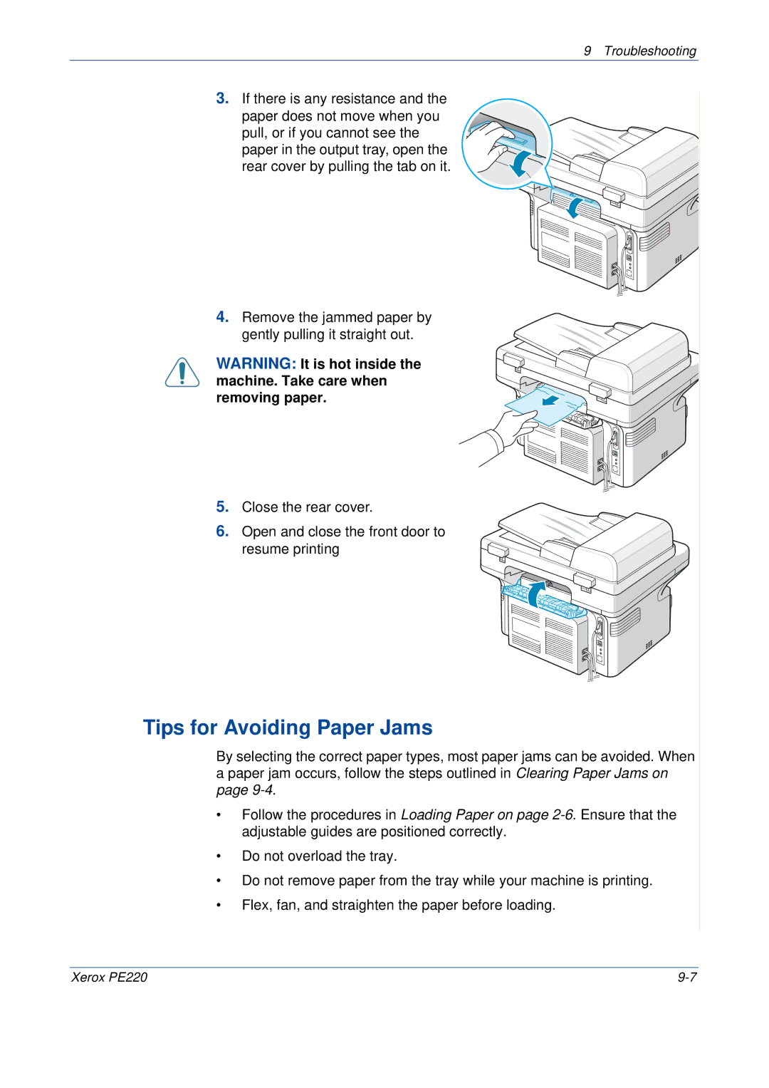 Xerox PE220 manual Tips for Avoiding Paper Jams 