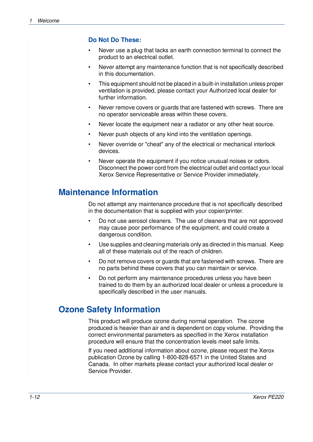 Xerox PE220 manual Maintenance Information, Ozone Safety Information, Do Not Do These 