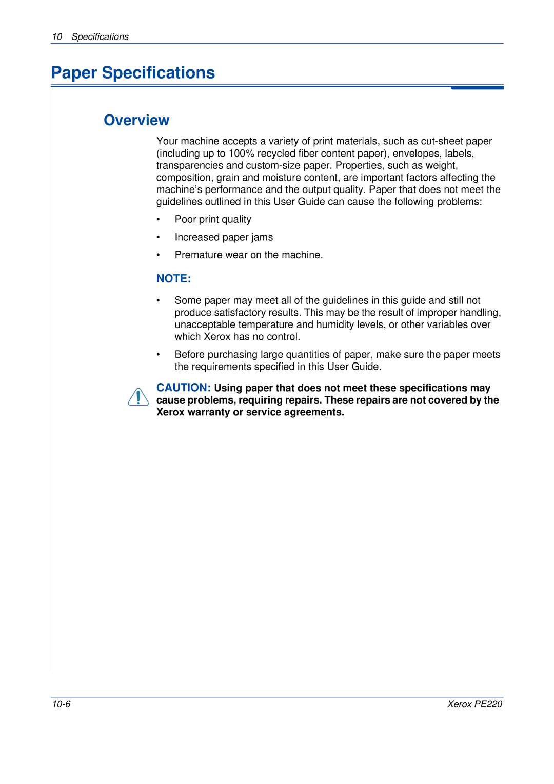 Xerox PE220 manual Paper Specifications, Overview 