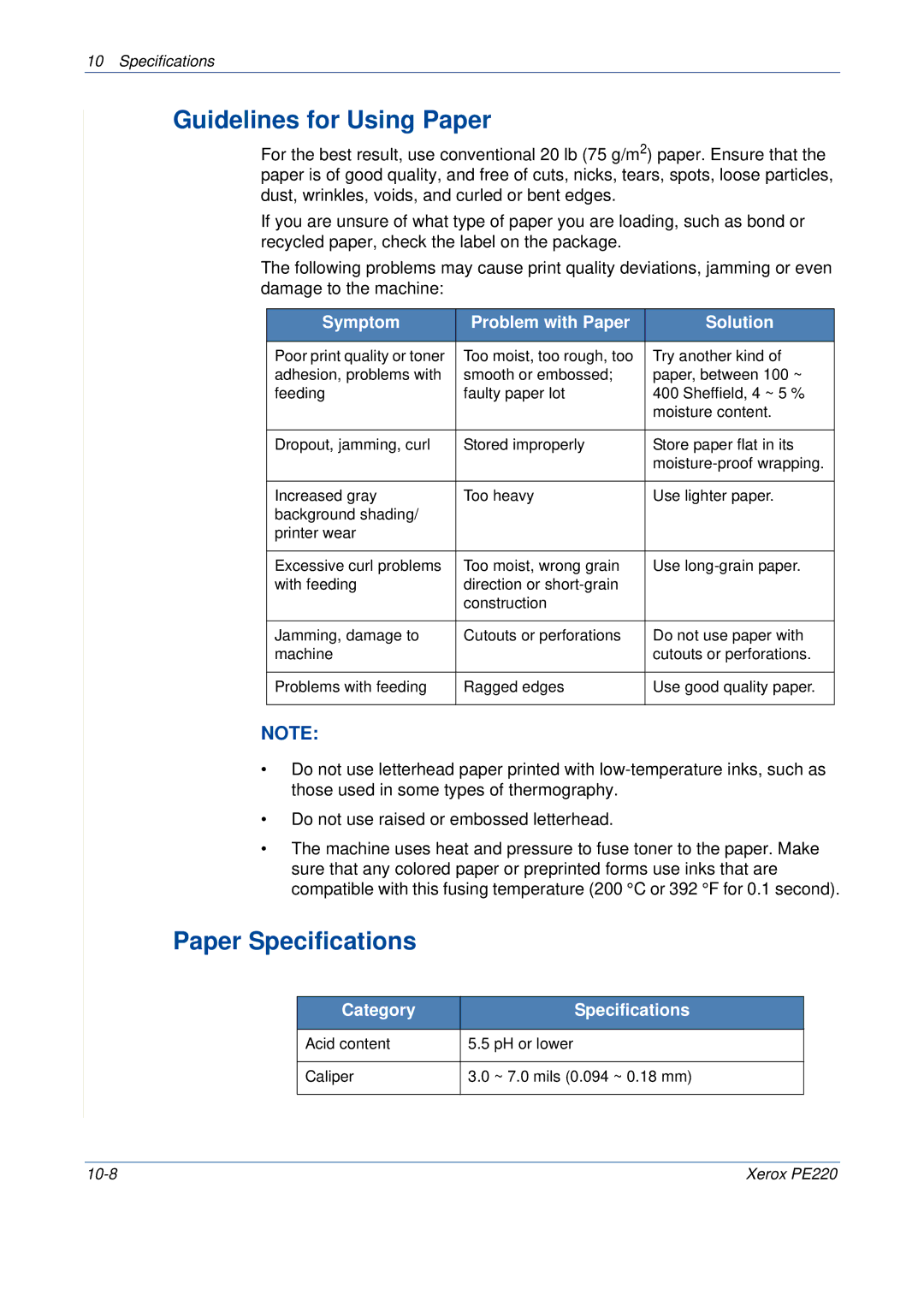 Xerox PE220 Guidelines for Using Paper, Paper Specifications, Symptom Problem with Paper Solution, Category Specifications 