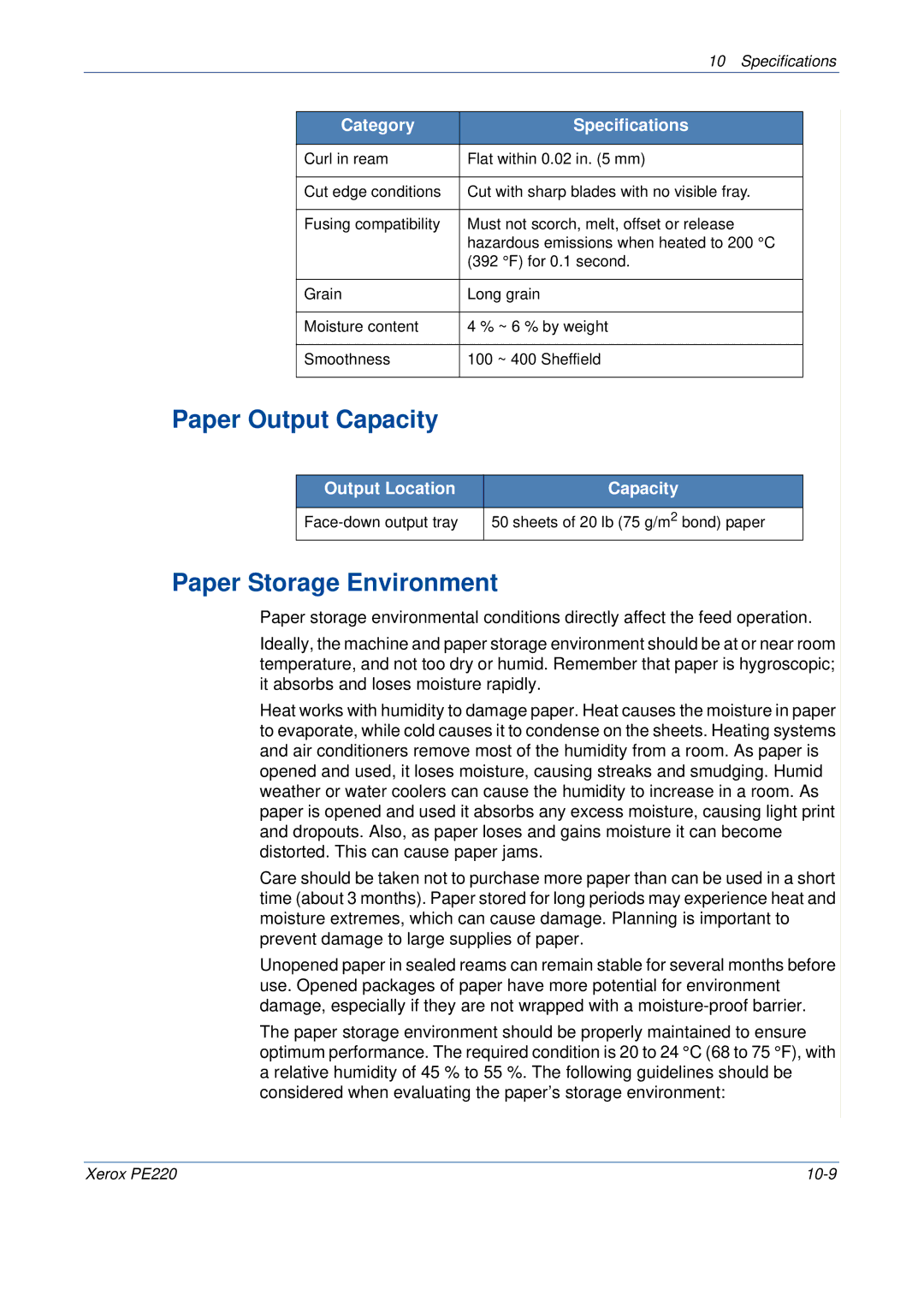 Xerox PE220 manual Paper Output Capacity, Paper Storage Environment, Output Location Capacity 