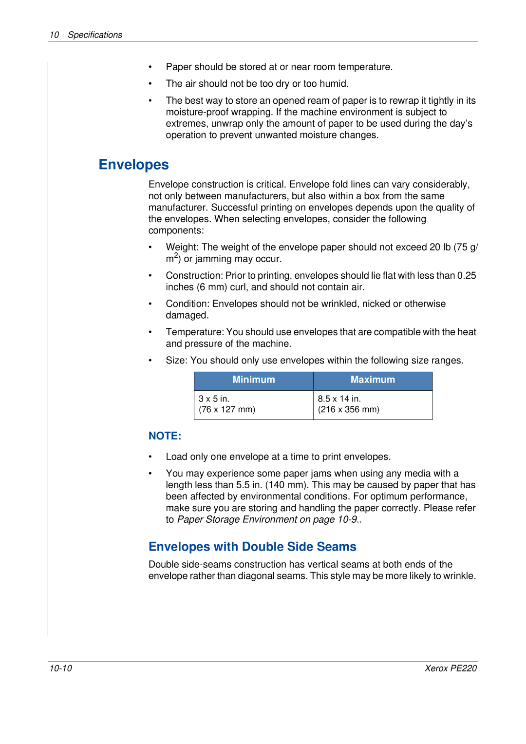 Xerox PE220 manual Envelopes with Double Side Seams, Minimum Maximum 