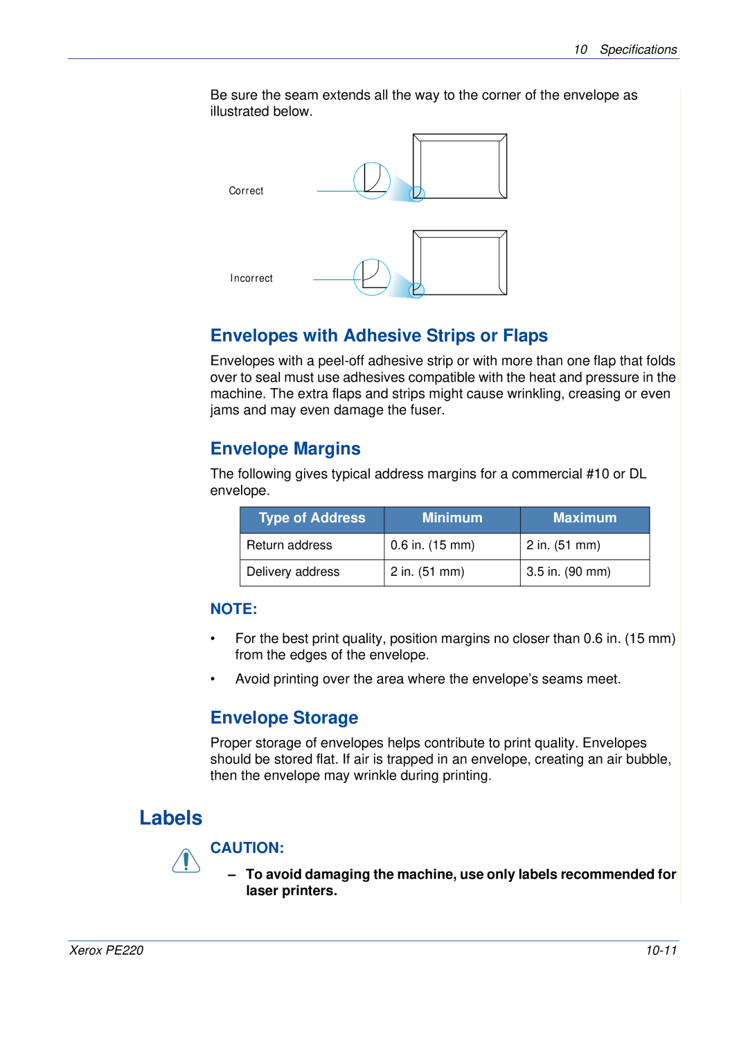 Xerox PE220 manual Labels, Envelopes with Adhesive Strips or Flaps, Envelope Margins, Envelope Storage 