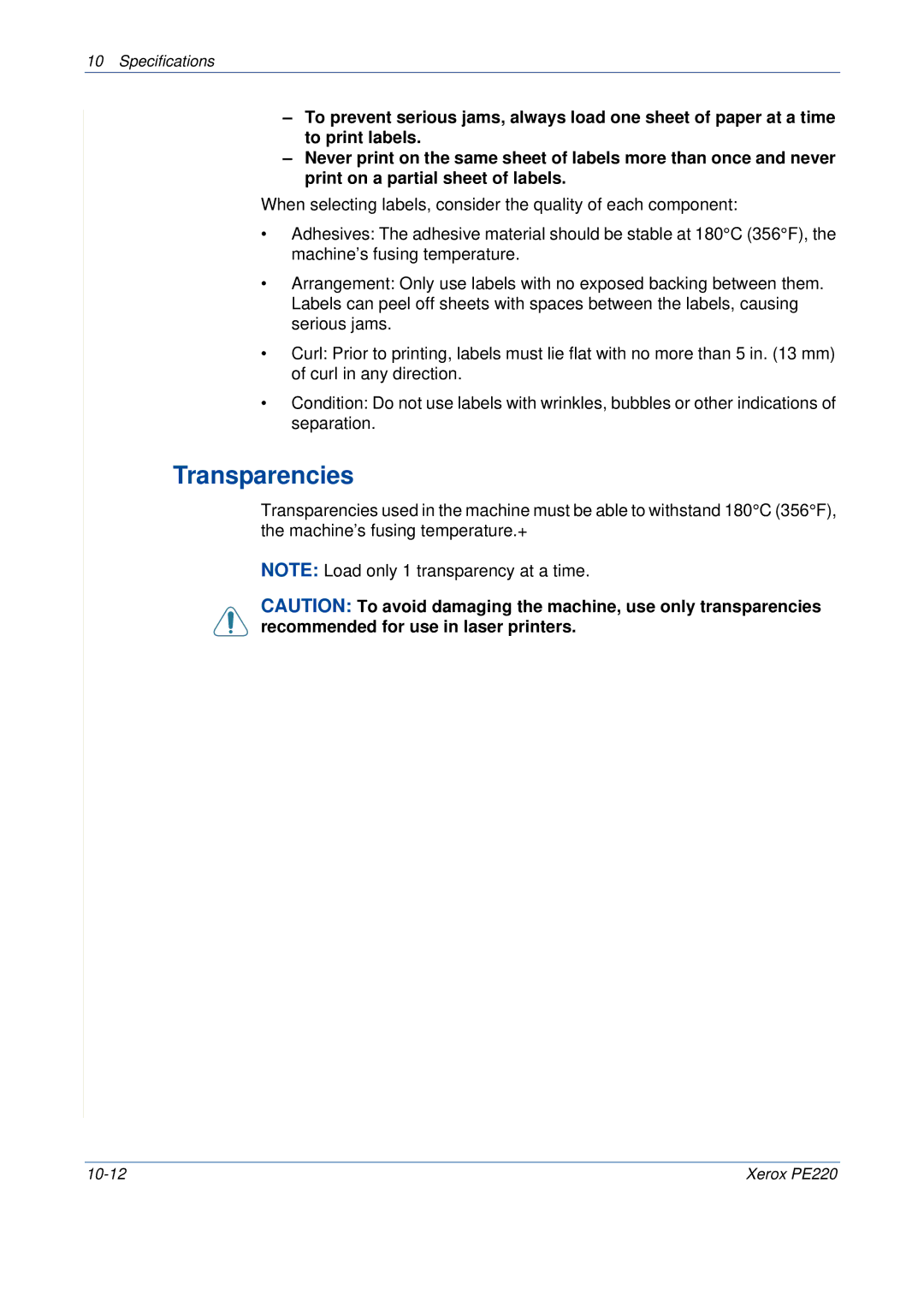 Xerox PE220 manual Transparencies 