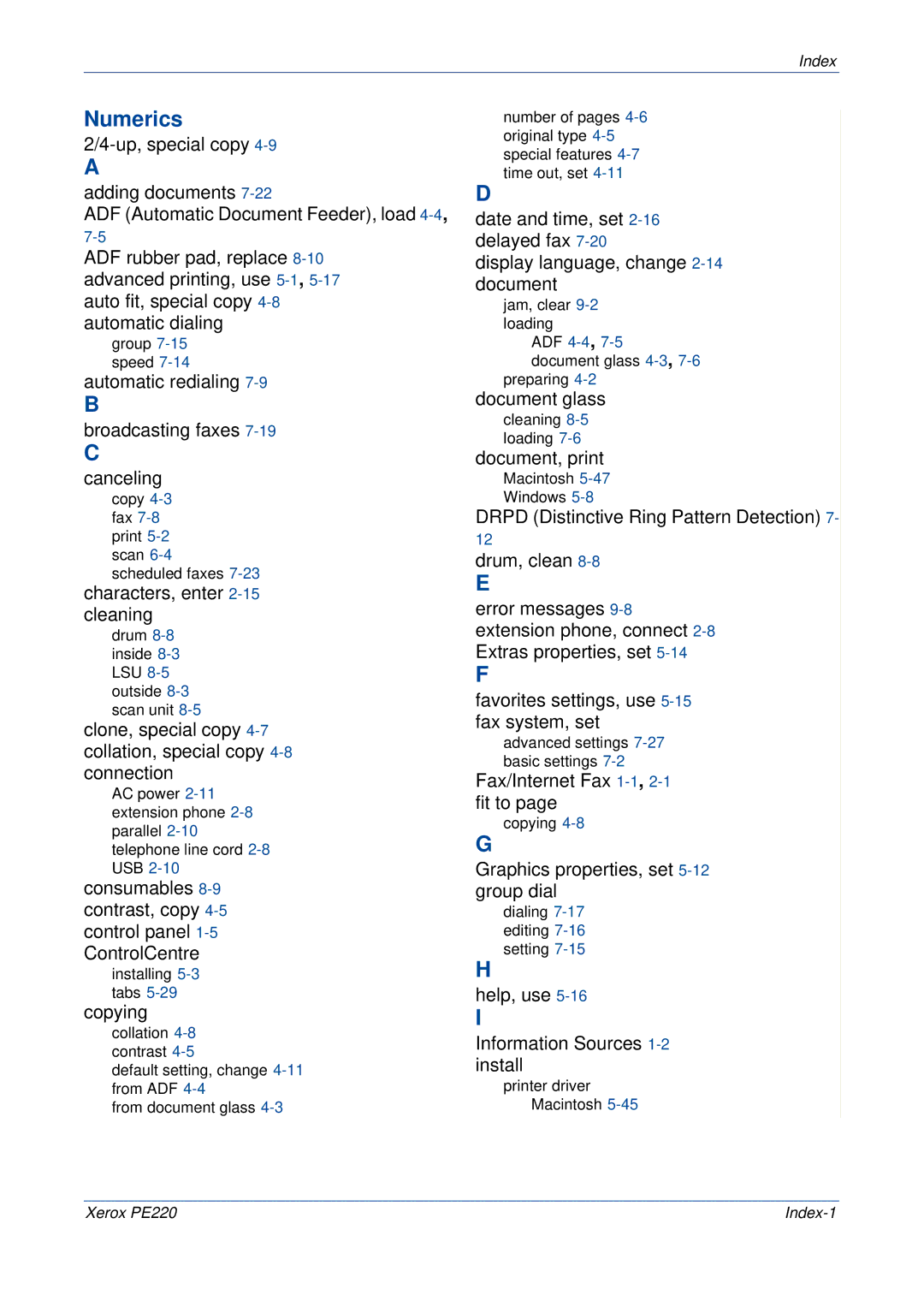 Xerox PE220 manual Numerics, Copying 