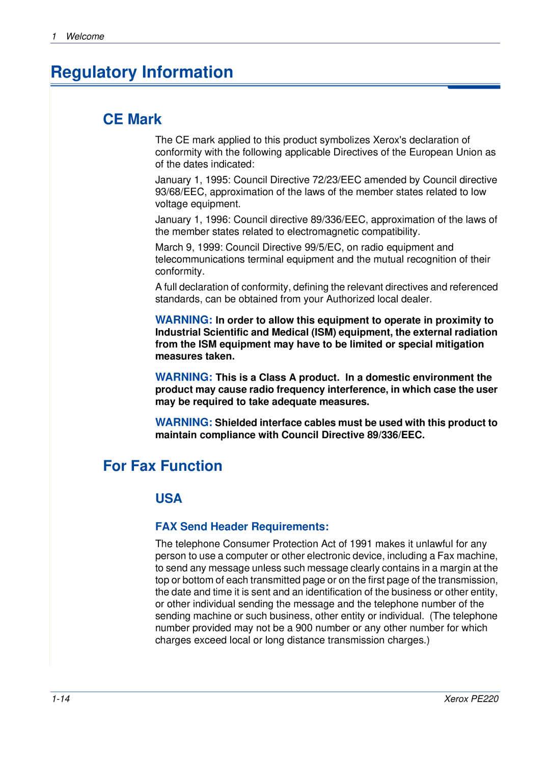 Xerox PE220 manual Regulatory Information, CE Mark, For Fax Function, FAX Send Header Requirements 