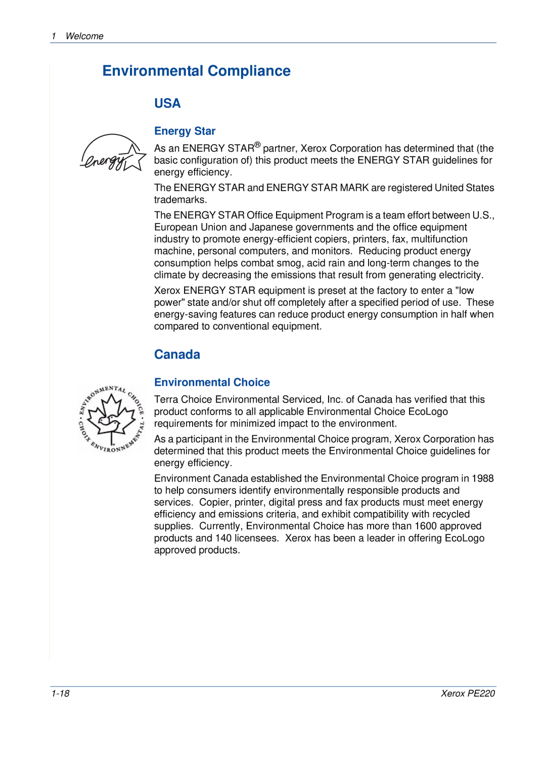 Xerox PE220 manual Environmental Compliance, Canada, Energy Star, Environmental Choice 