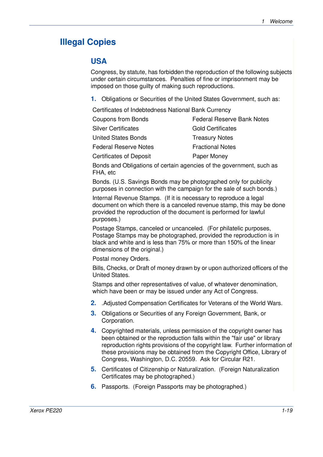 Xerox PE220 manual Illegal Copies 