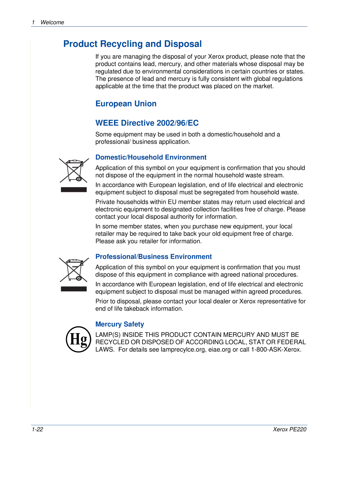 Xerox PE220 manual Product Recycling and Disposal, European Union Weee Directive 2002/96/EC, Domestic/Household Environment 