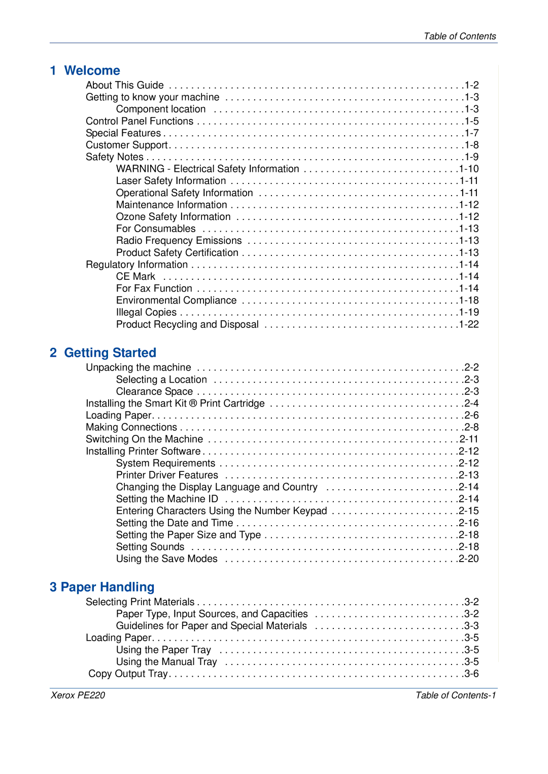 Xerox PE220 manual Welcome, Getting Started, Paper Handling 