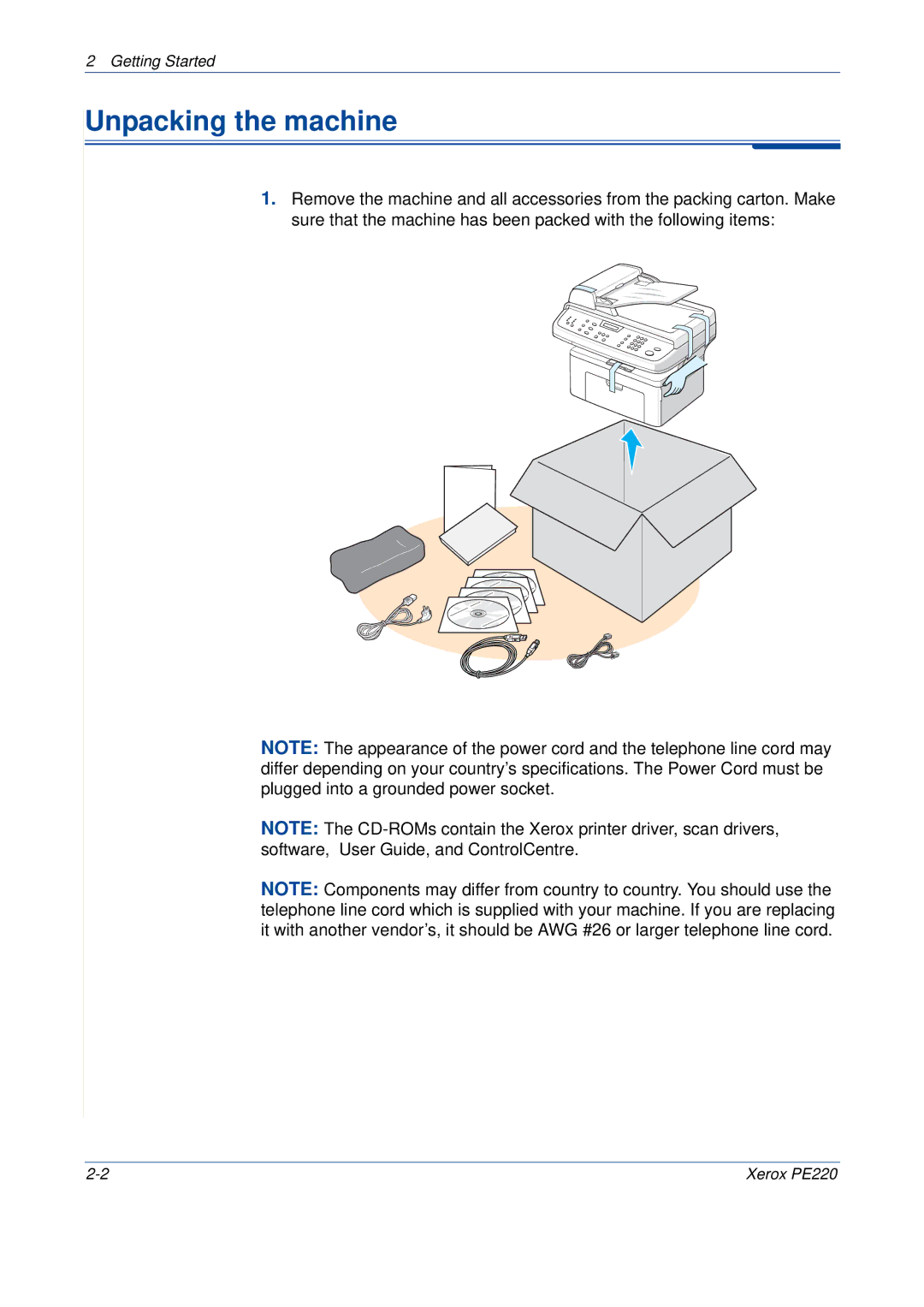 Xerox PE220 manual Unpacking the machine 