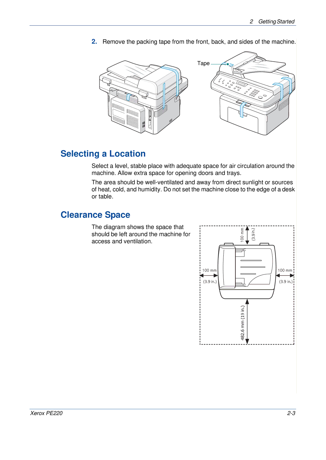 Xerox PE220 manual Selecting a Location, Clearance Space 