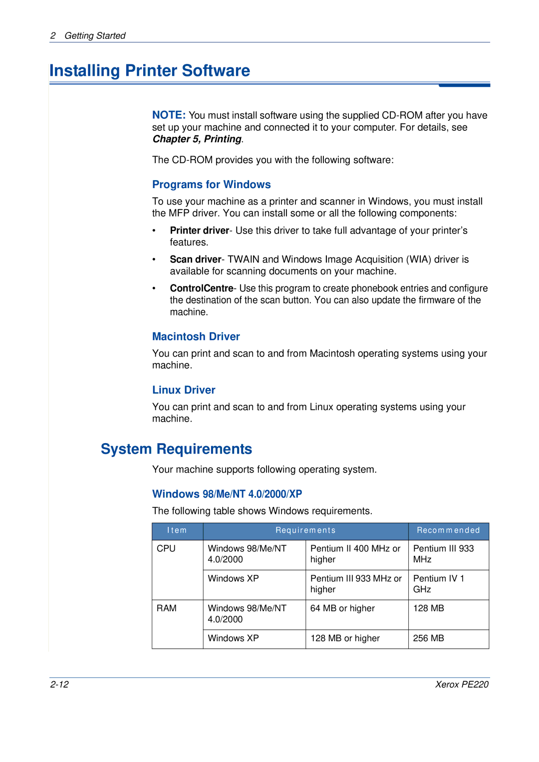 Xerox PE220 manual Installing Printer Software, System Requirements 