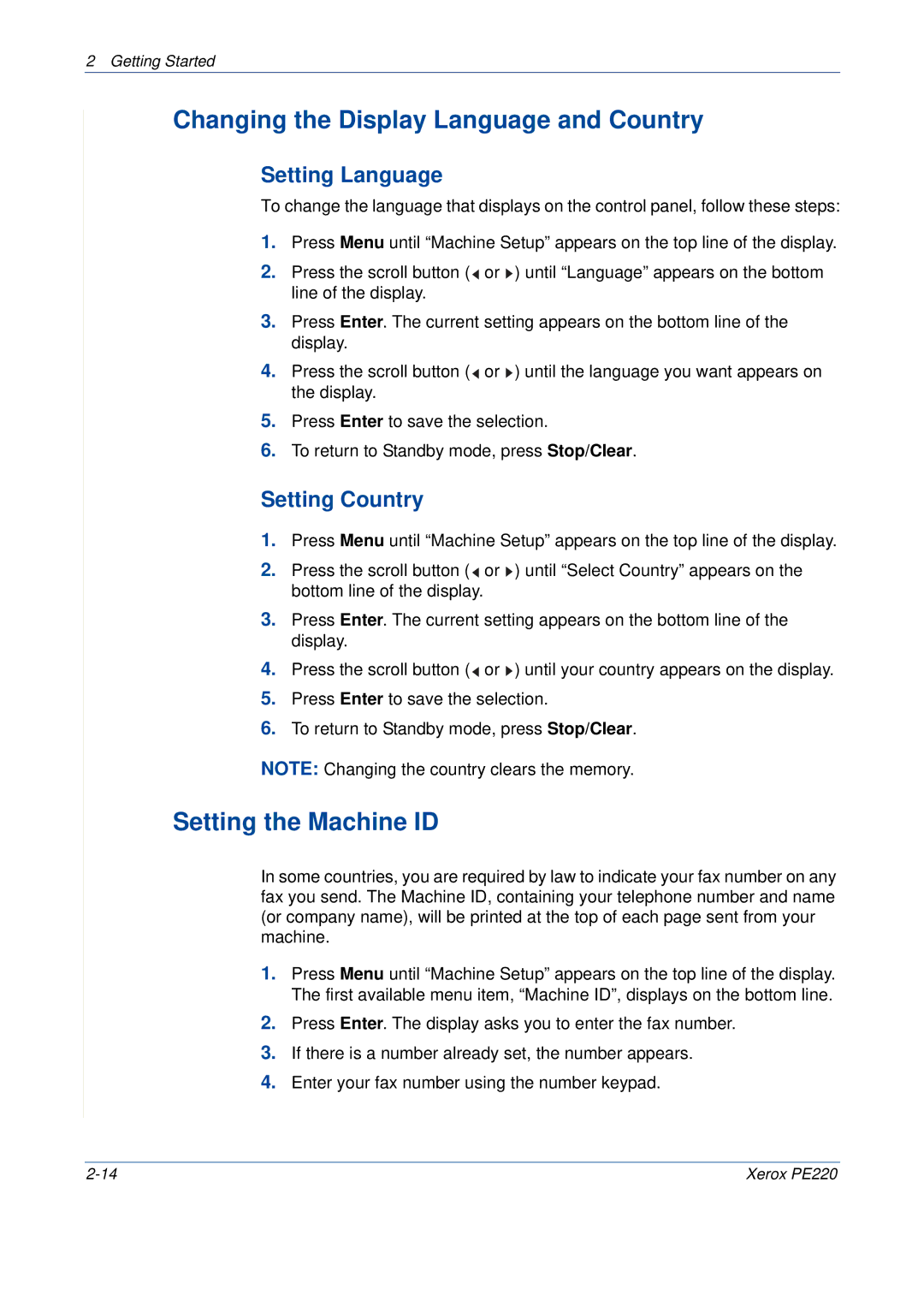 Xerox PE220 manual Changing the Display Language and Country, Setting the Machine ID, Setting Language, Setting Country 