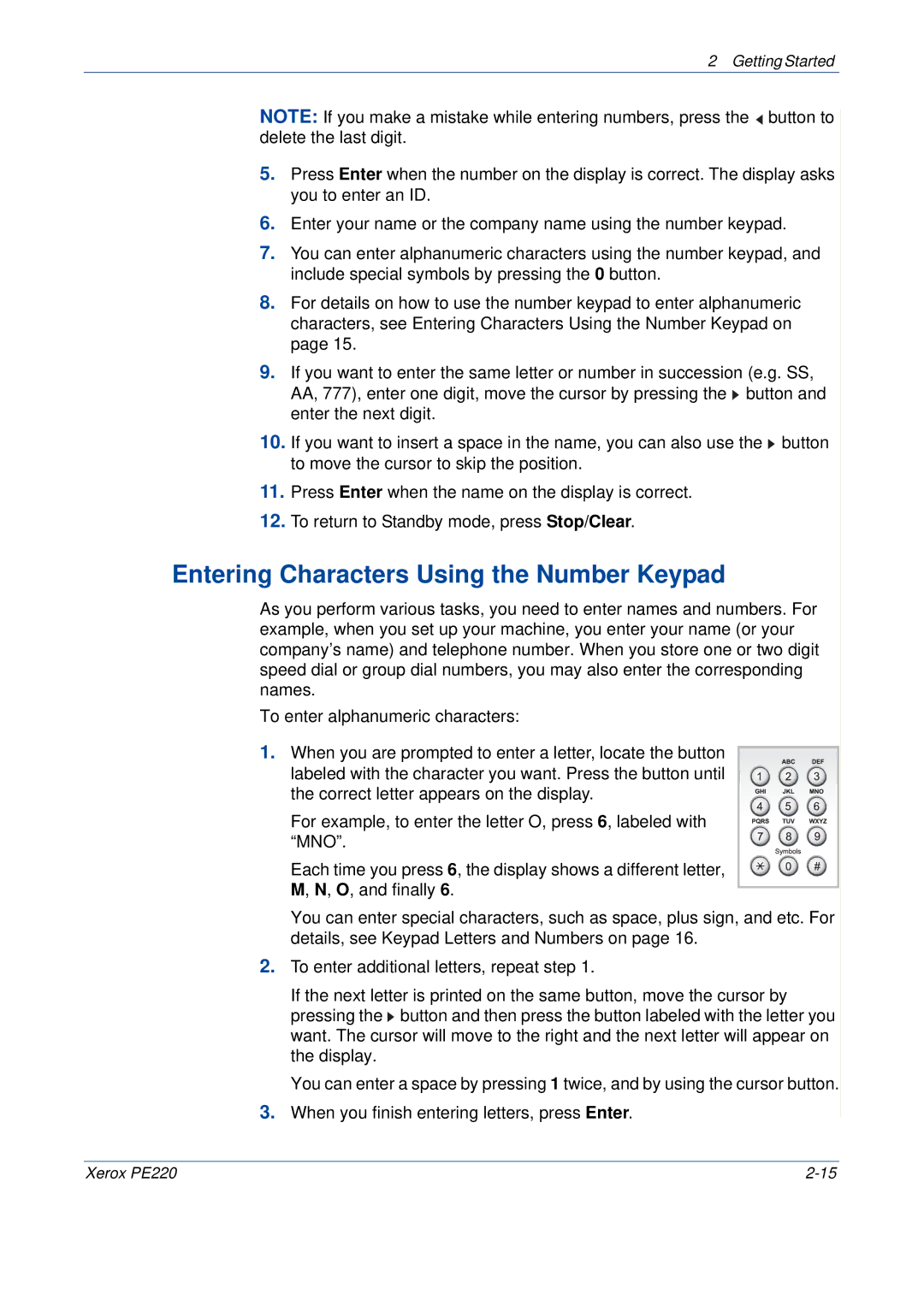 Xerox PE220 manual Entering Characters Using the Number Keypad 