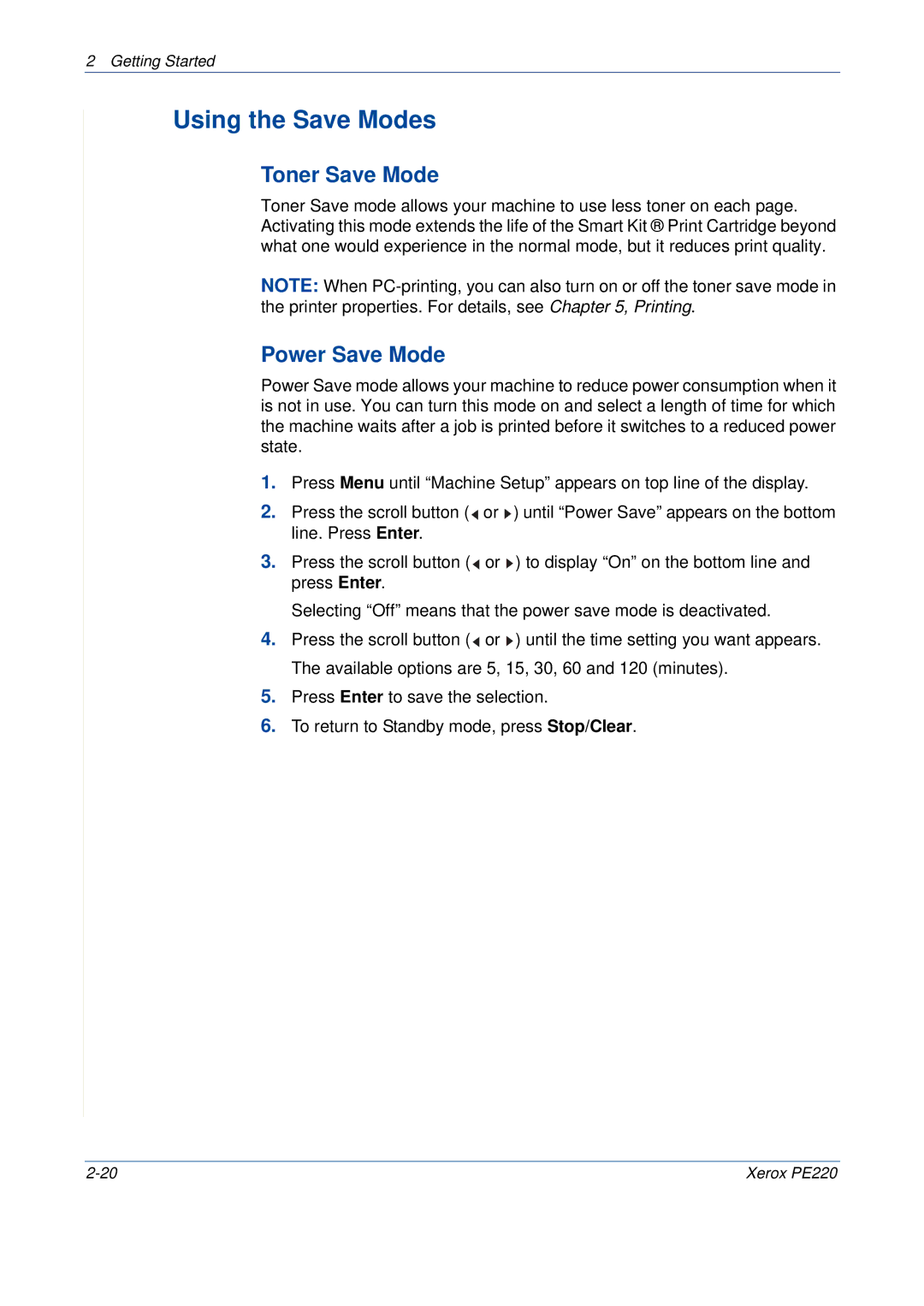 Xerox PE220 manual Using the Save Modes, Toner Save Mode, Power Save Mode 