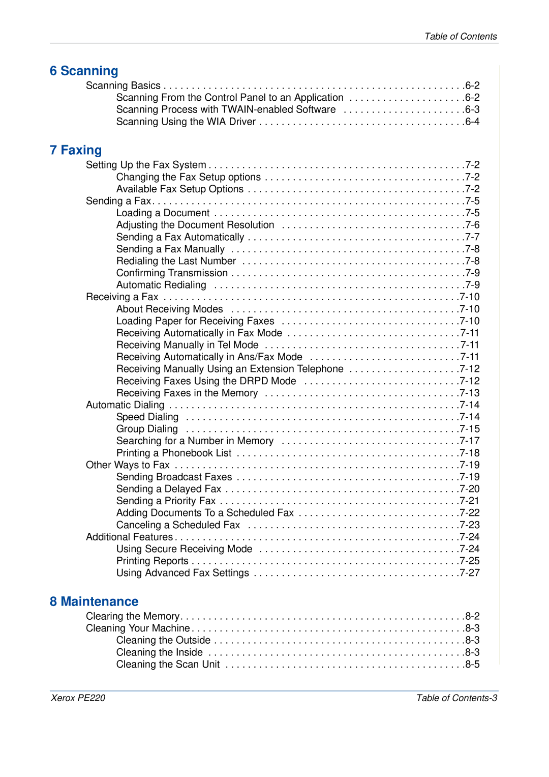 Xerox PE220 manual Scanning, Faxing, Maintenance 