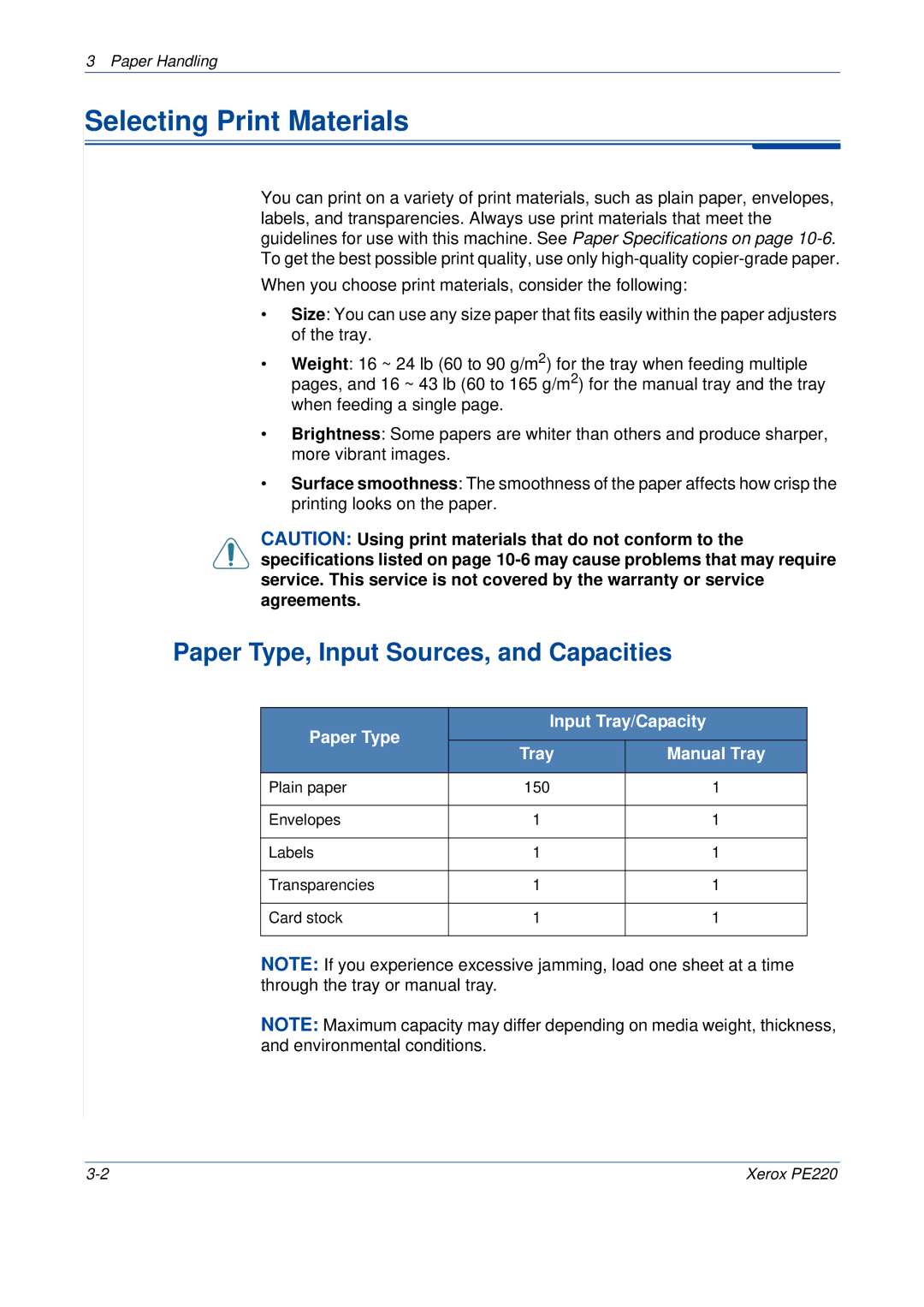 Xerox PE220 manual Selecting Print Materials, Paper Type, Input Sources, and Capacities, Paper Type Input Tray/Capacity 