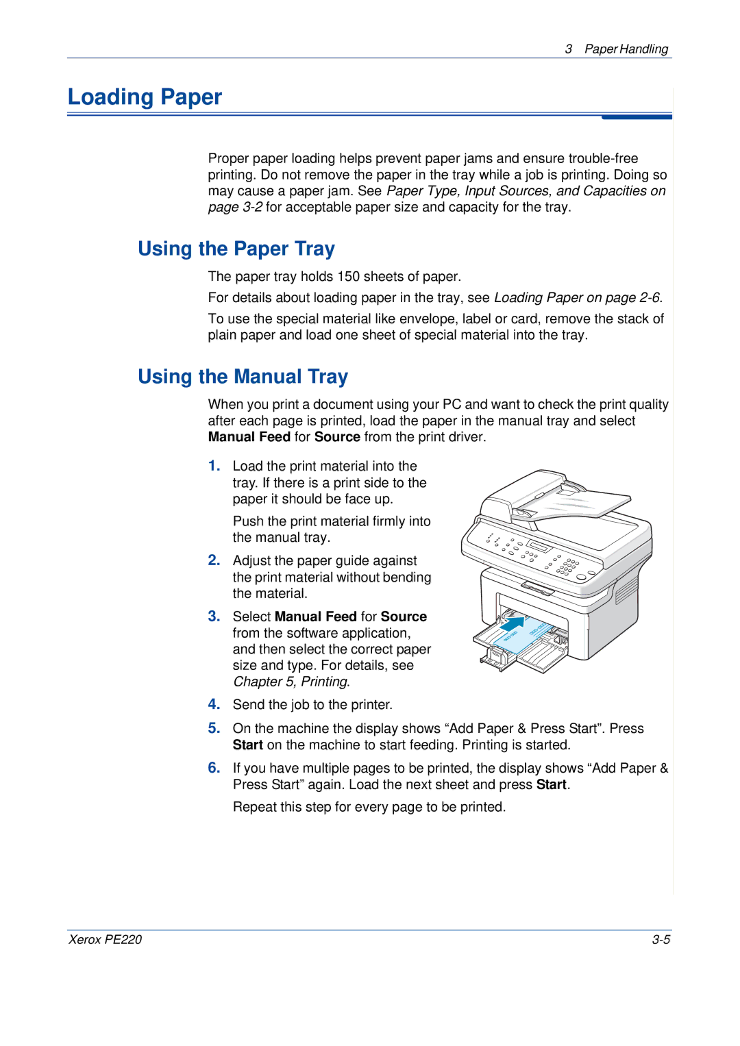 Xerox PE220 manual Using the Paper Tray, Using the Manual Tray 