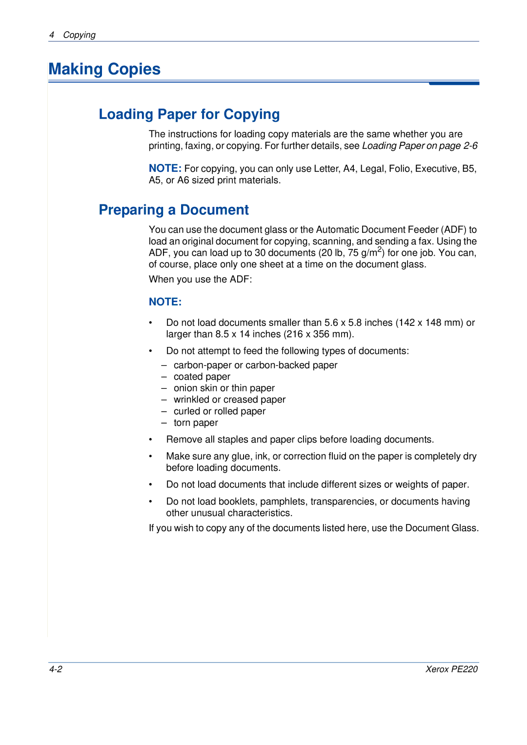 Xerox PE220 manual Making Copies, Loading Paper for Copying, Preparing a Document 