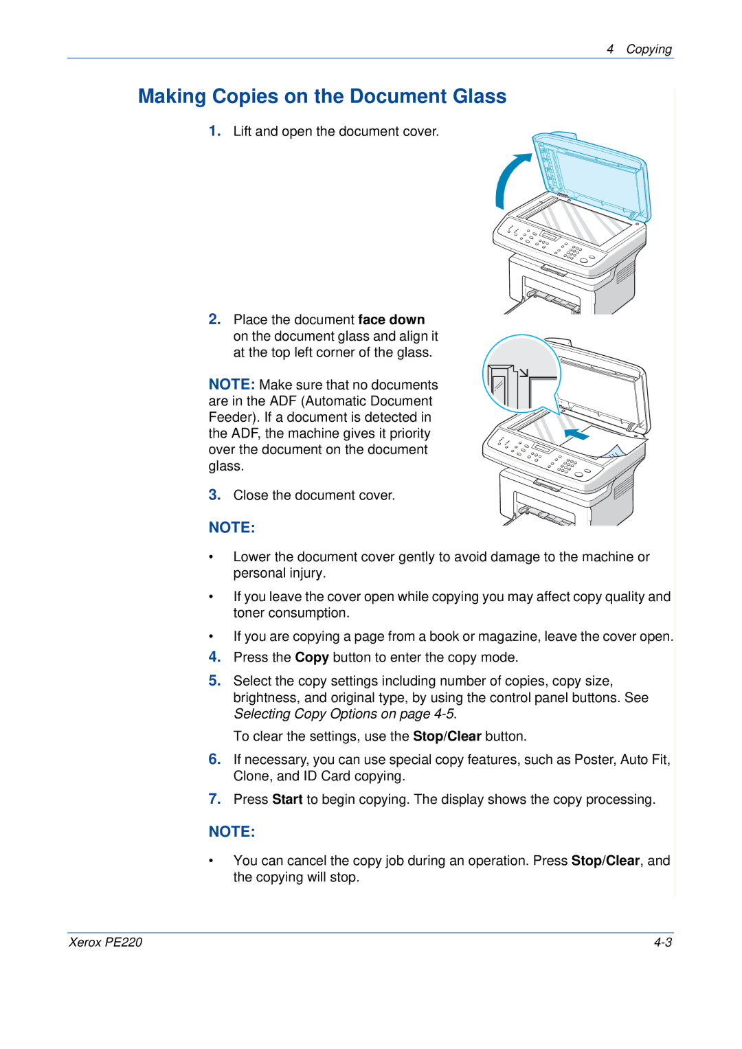 Xerox PE220 manual Making Copies on the Document Glass 