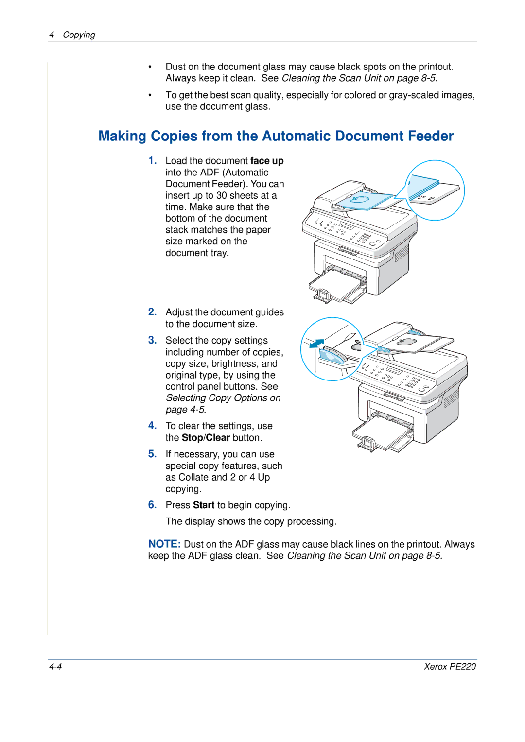 Xerox PE220 manual Making Copies from the Automatic Document Feeder 