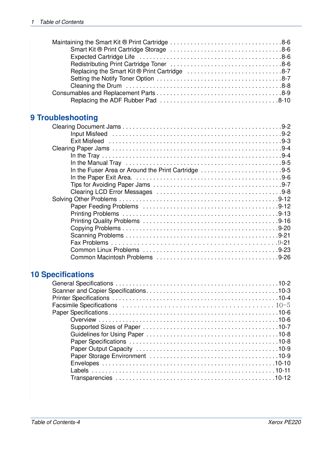 Xerox PE220 manual Troubleshooting, Specifications 