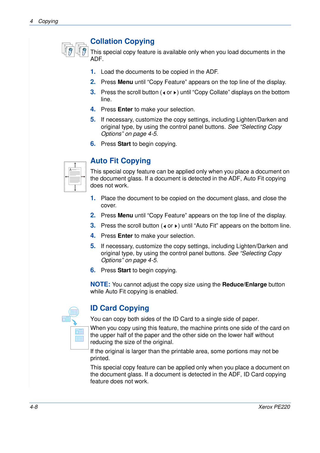 Xerox PE220 manual Collation Copying, Auto Fit Copying, ID Card Copying 