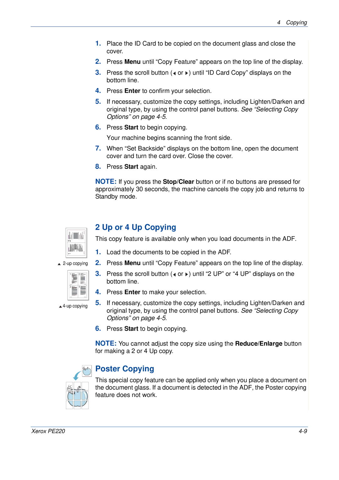 Xerox PE220 manual Up or 4 Up Copying, Poster Copying 