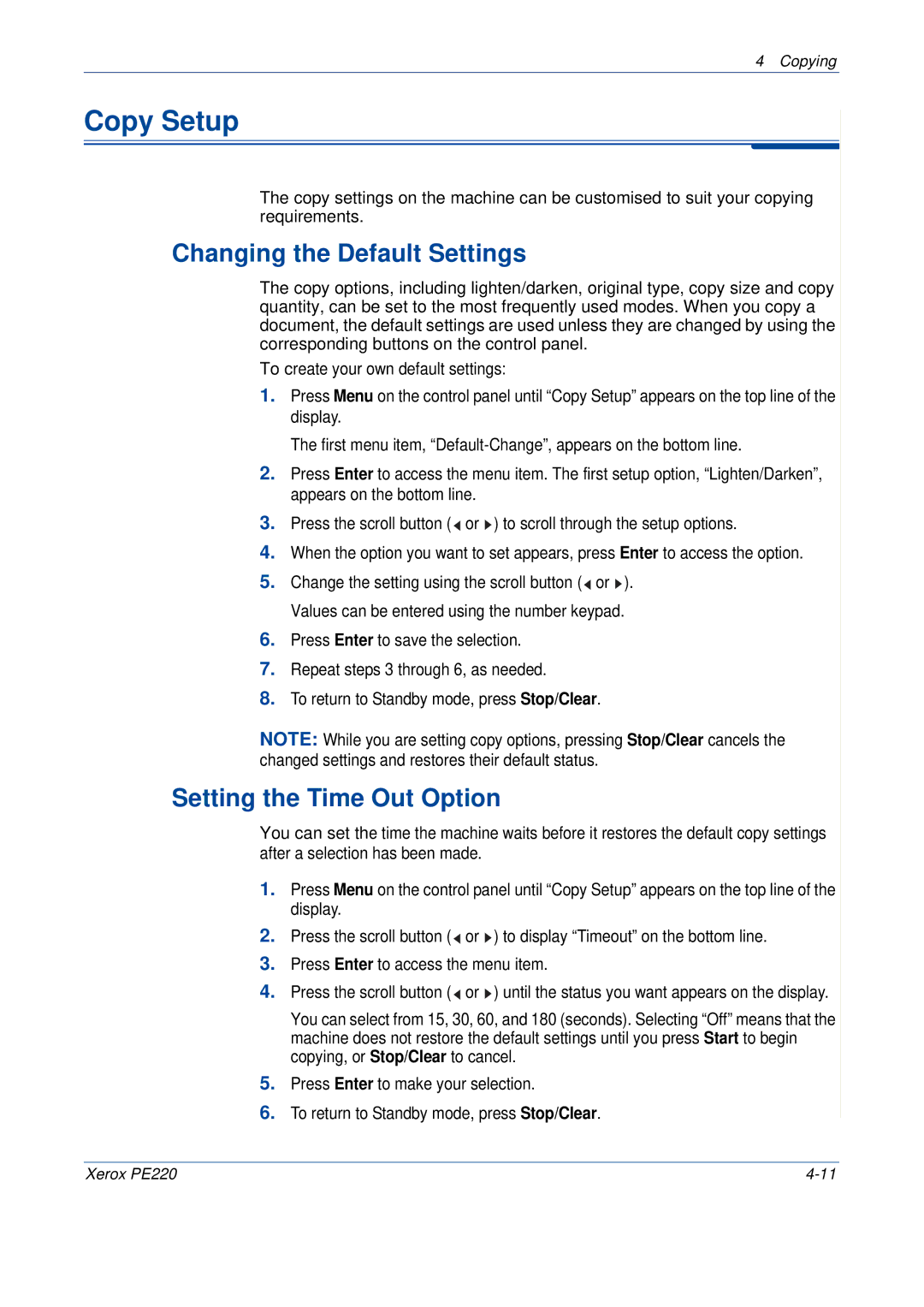 Xerox PE220 manual Copy Setup, Changing the Default Settings, Setting the Time Out Option 