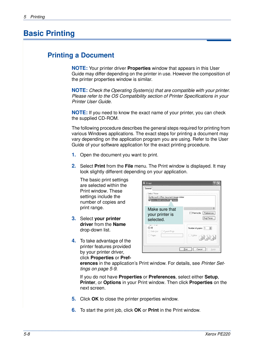 Xerox PE220 manual Basic Printing, Printing a Document, Select your printer driver from the Name drop-down list 