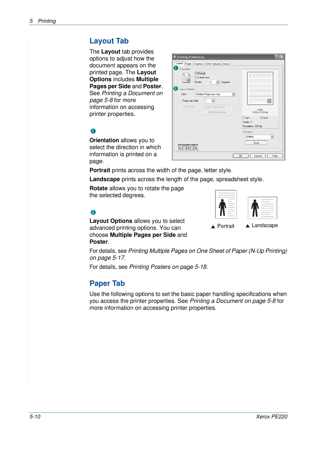 Xerox PE220 manual Layout Tab, Paper Tab, Choose Multiple Pages per Side and Poster 