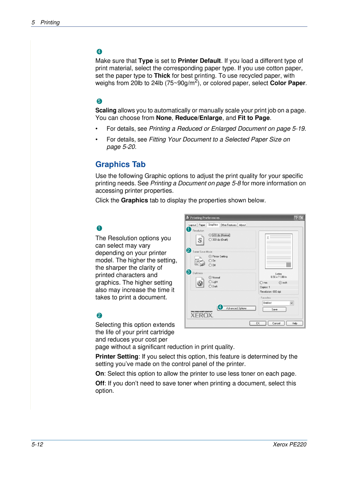 Xerox PE220 manual Graphics Tab 