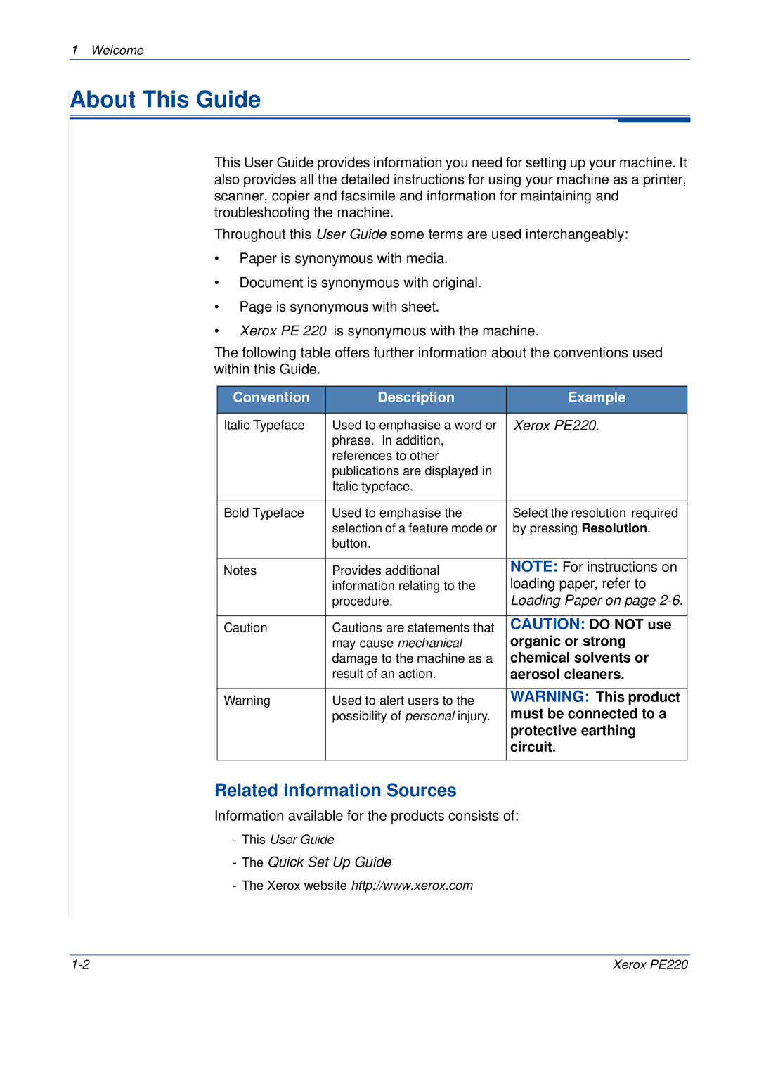 Xerox PE220 manual About This Guide, Related Information Sources, Convention Description Example 