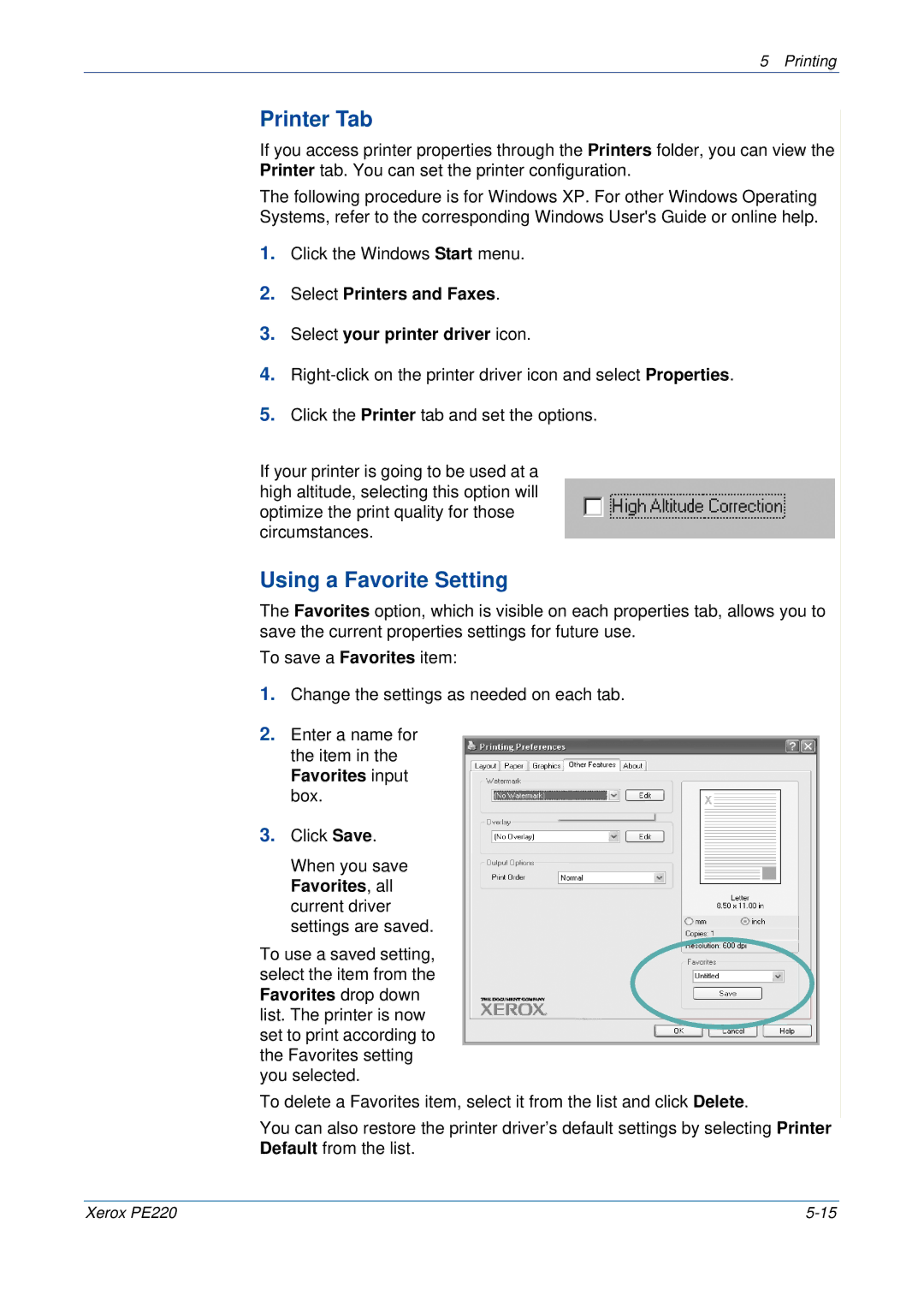 Xerox PE220 manual Printer Tab, Using a Favorite Setting, Favorites drop down list. The printer is now 