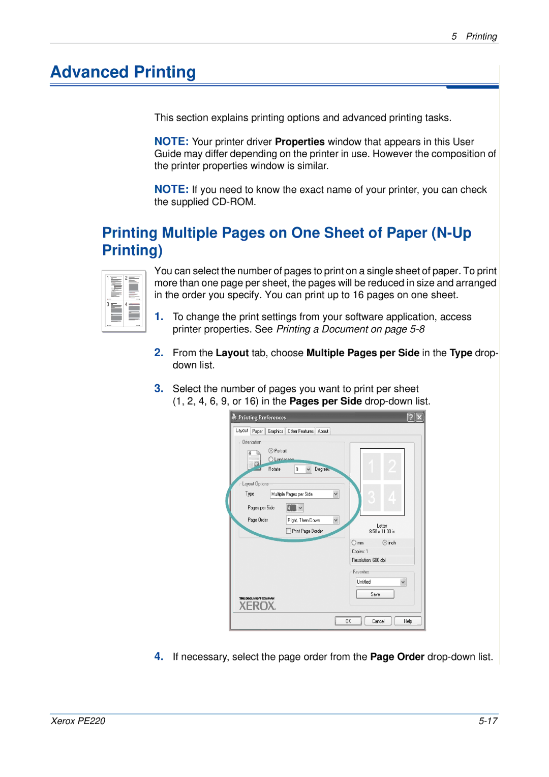 Xerox PE220 manual Advanced Printing, Printing Multiple Pages on One Sheet of Paper N-Up Printing 