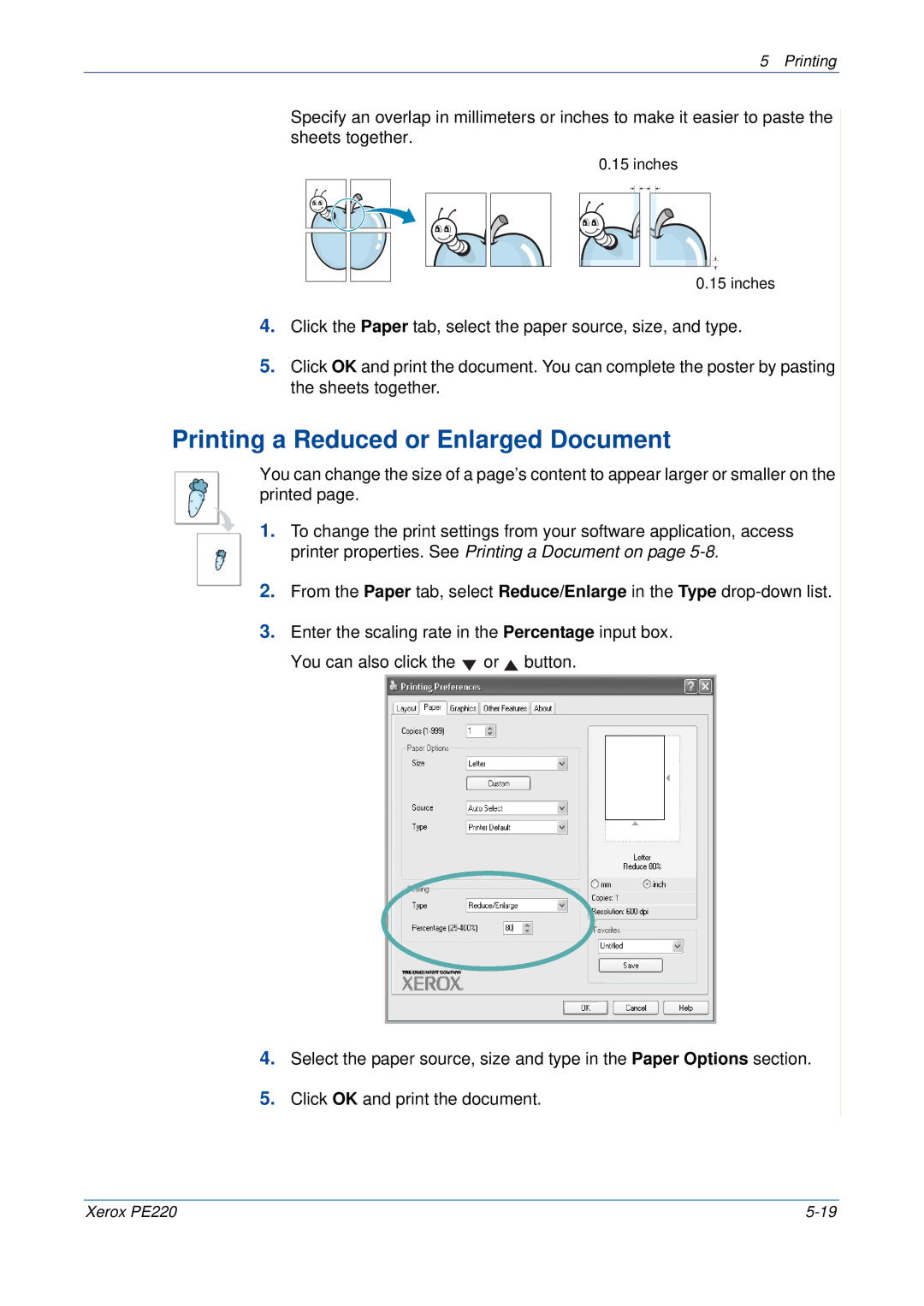 Xerox PE220 manual Printing a Reduced or Enlarged Document 