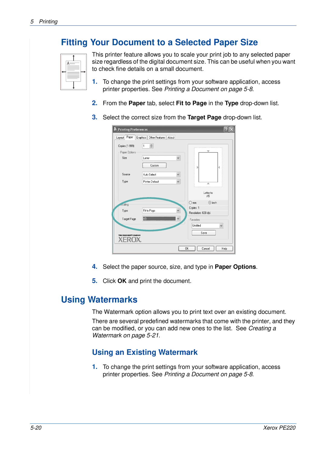 Xerox PE220 manual Fitting Your Document to a Selected Paper Size, Using Watermarks, Using an Existing Watermark 