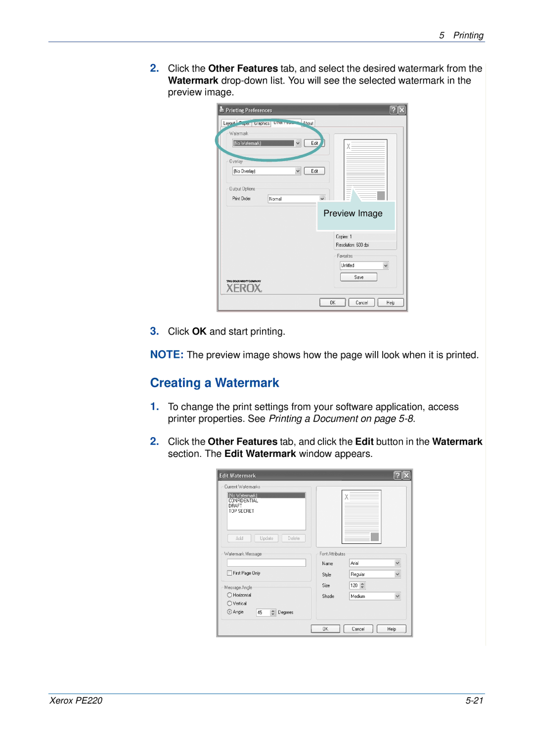 Xerox PE220 manual Creating a Watermark 