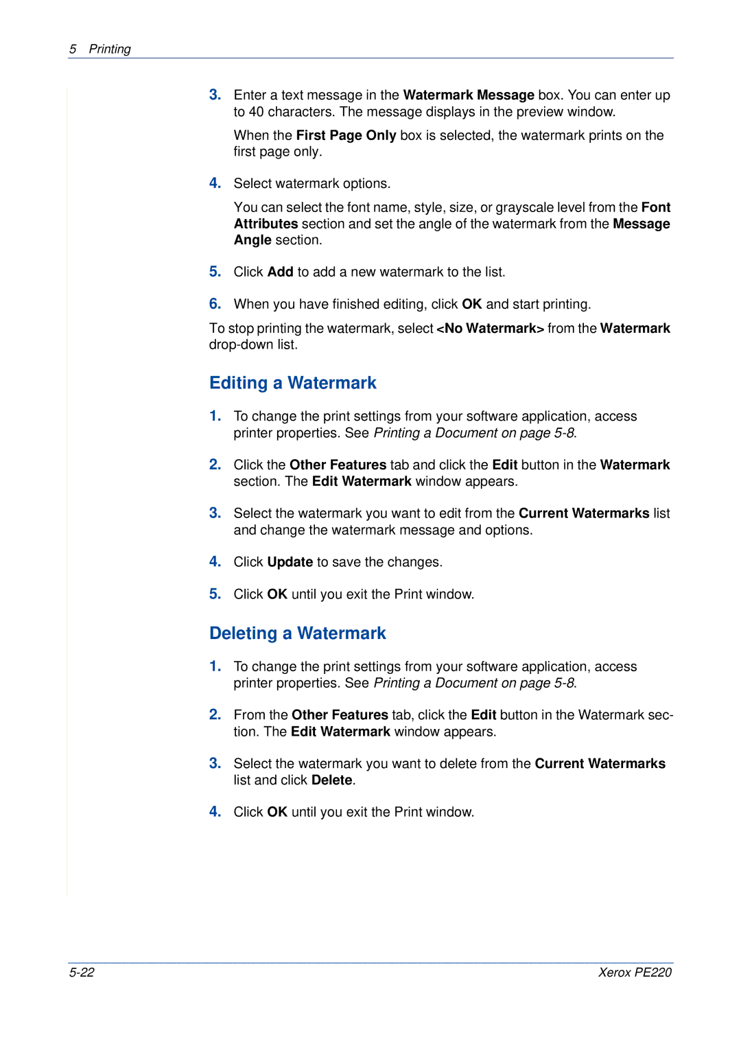 Xerox PE220 manual Editing a Watermark, Deleting a Watermark 