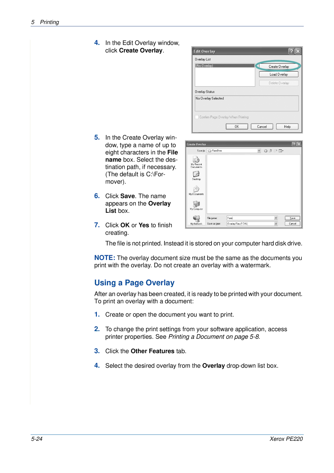 Xerox PE220 manual Using a Page Overlay, Click the Other Features tab 