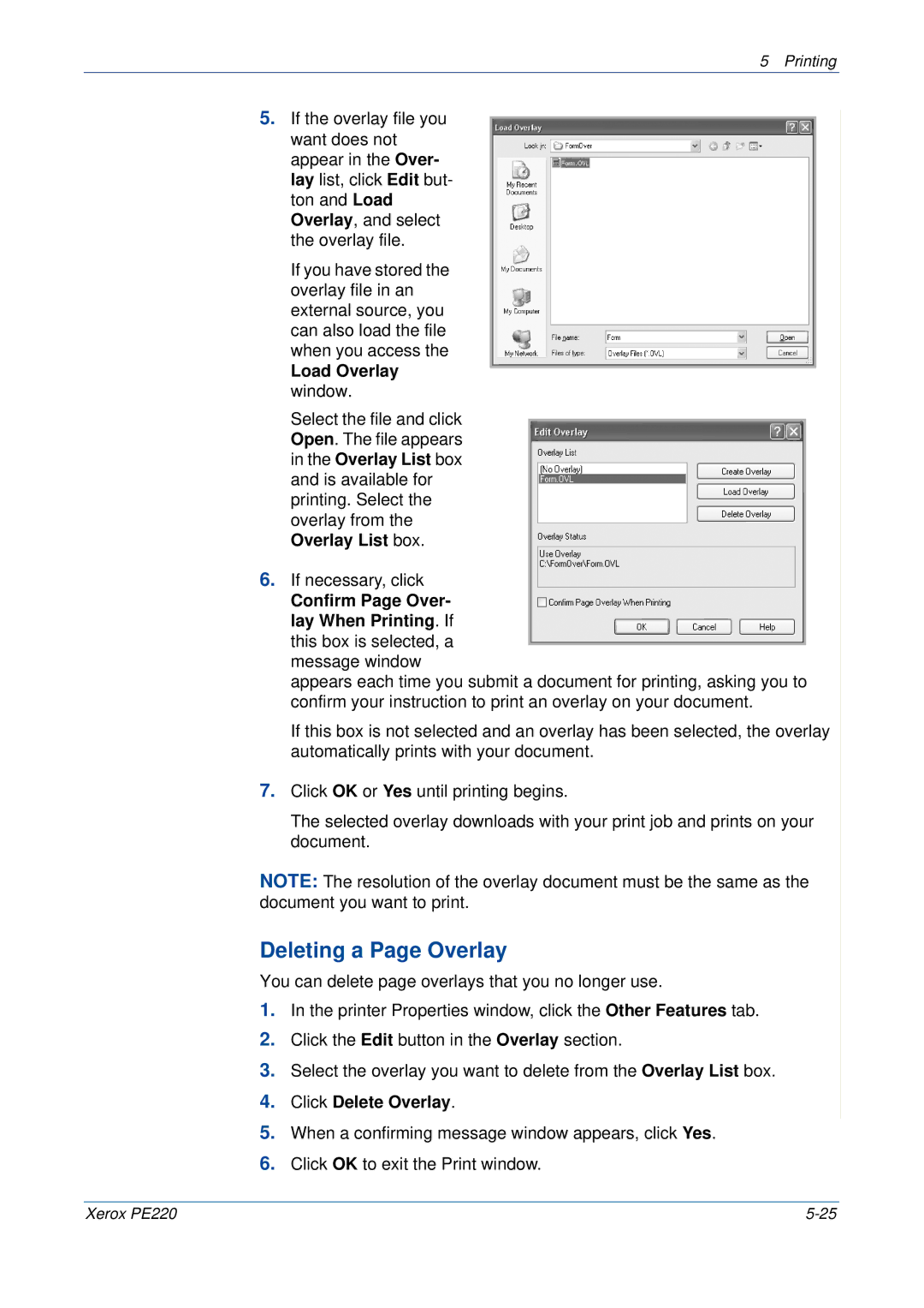 Xerox PE220 manual Deleting a Page Overlay, Load Overlay window, Click Delete Overlay 