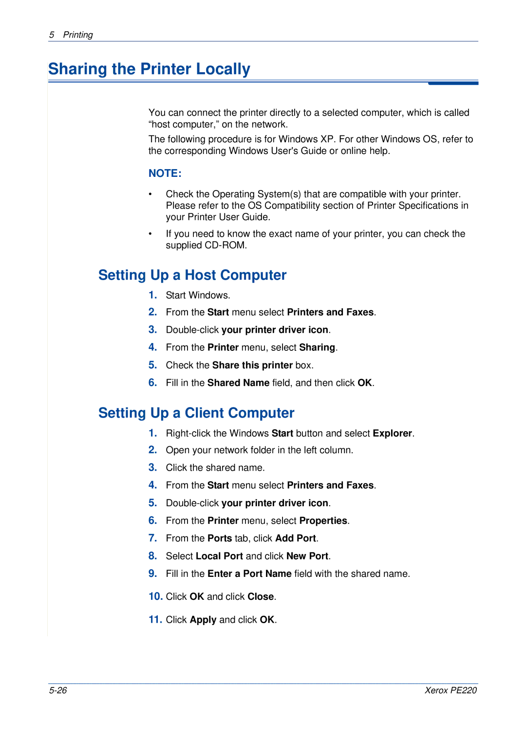 Xerox PE220 manual Sharing the Printer Locally, Setting Up a Host Computer, Setting Up a Client Computer 