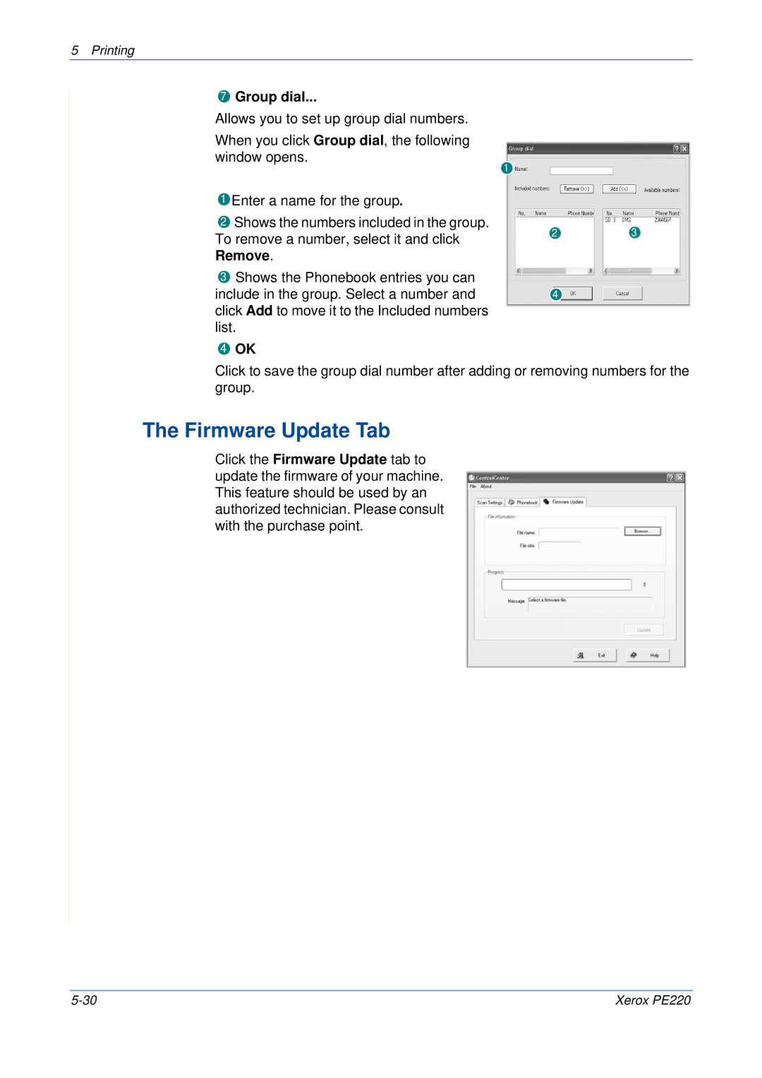 Xerox PE220 manual Firmware Update Tab, Group dial 