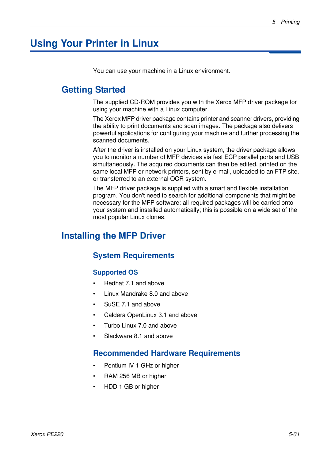 Xerox PE220 manual Using Your Printer in Linux, Getting Started, Installing the MFP Driver, System Requirements 