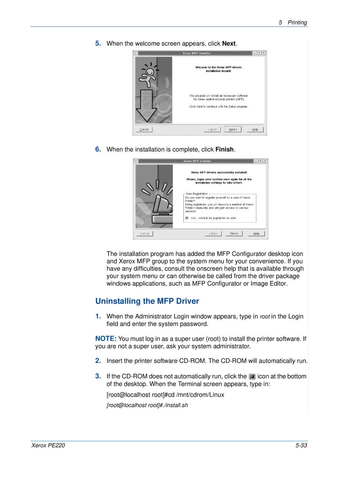 Xerox PE220 manual Uninstalling the MFP Driver 