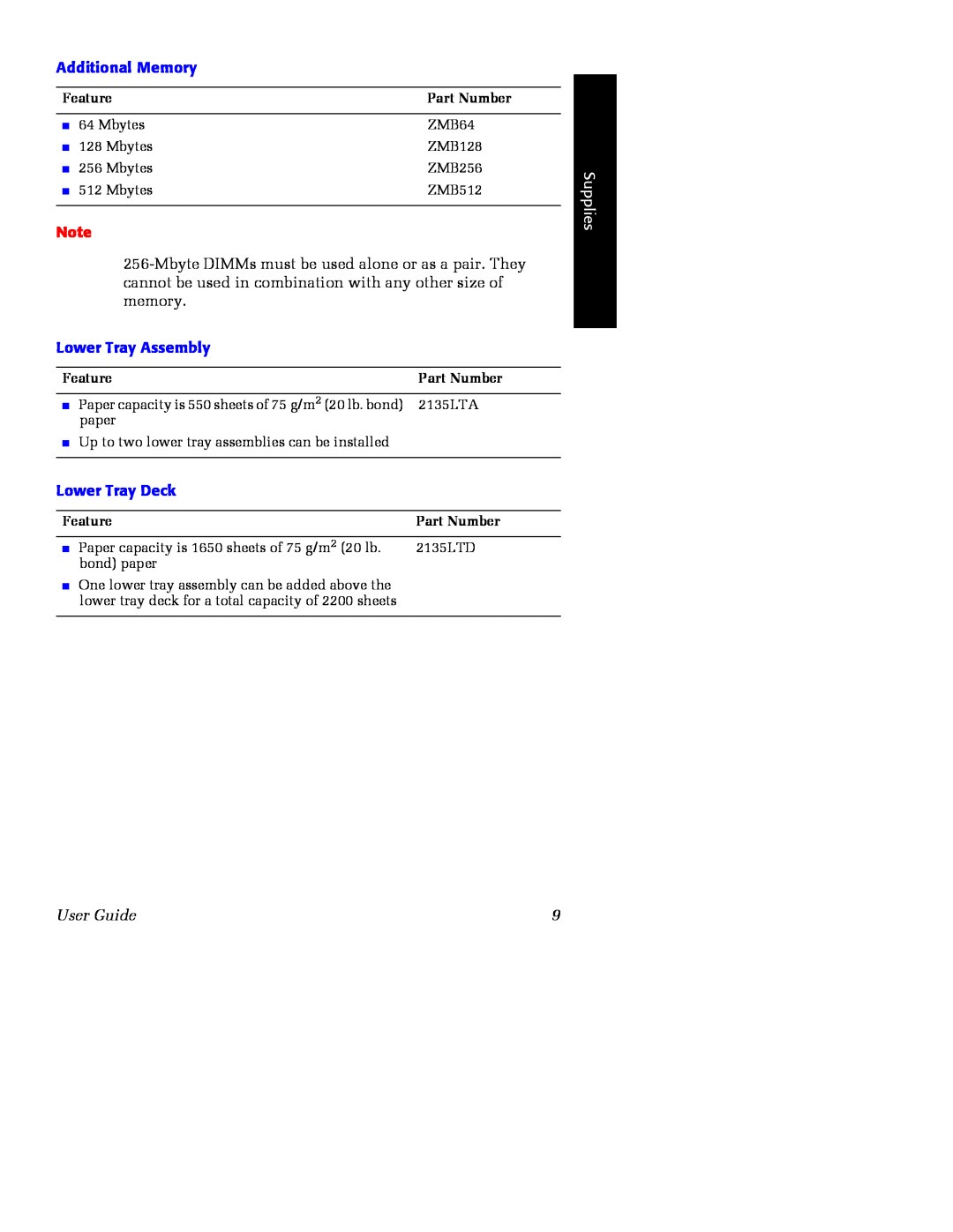 Xerox Phaser 2135 Additional Memory, Lower Tray Assembly, Lower Tray Deck, Supplies, User Guide, Feature, Part Number 