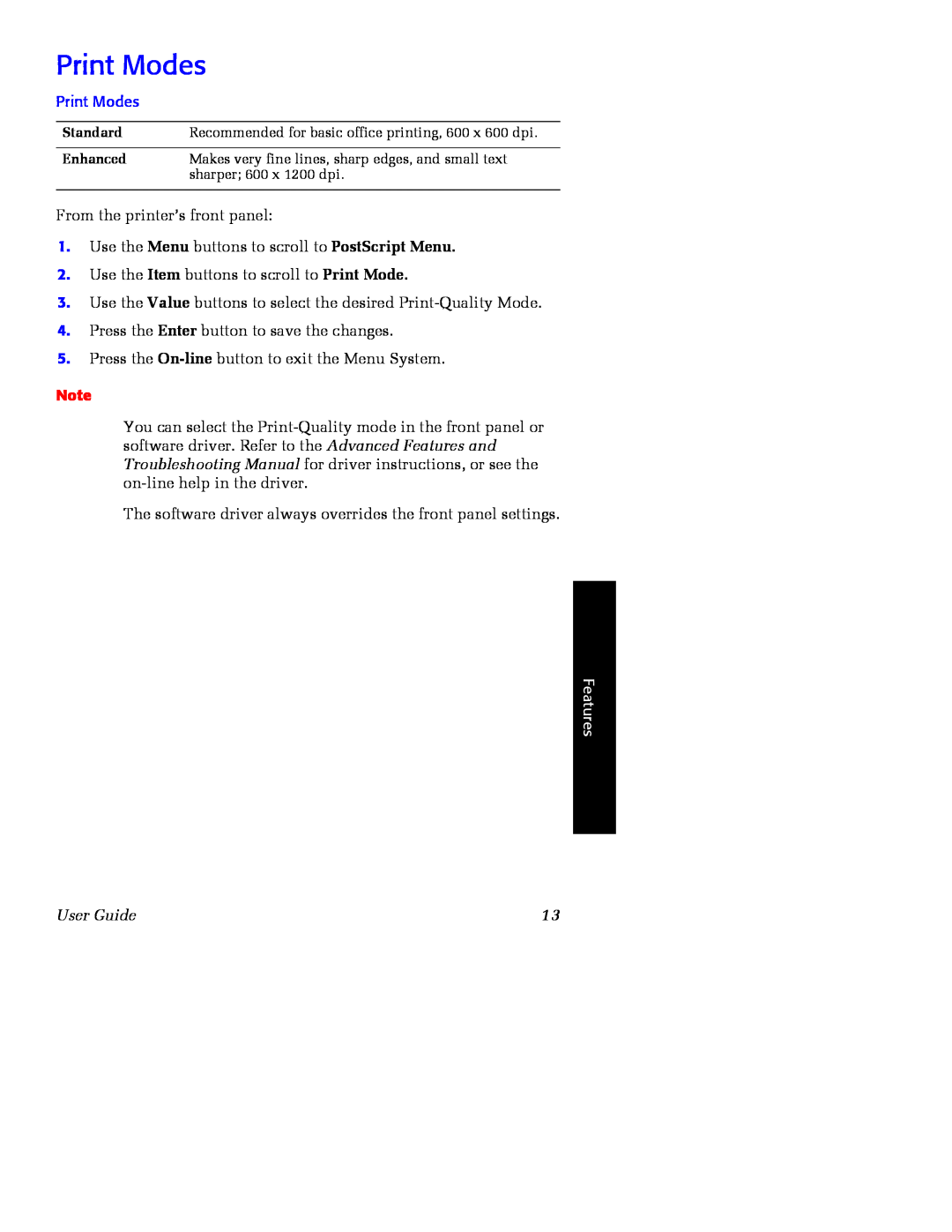 Xerox Phaser 2135 manual Print Modes, Features, User Guide 